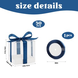 Hxezoc 50 Pack Favor Boxes 2x2x2 Inches Clear Candy Treat Boxes with Navy Blue Ribbons, Mini Plastic Gift for Wedding, Birthday Party, Baby Shower, Classroom Decoration Supplies