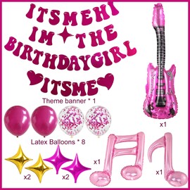 Me Birthday Party Banner Decorations - 16Pcs Rose Red Its Me Hi Im The Birthday Girl Its Me Banner Music Notes Guitar Balloons For Girls Boy Birthday Music Themed Decor Party Supplies