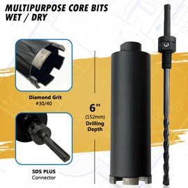 2-1/4" Dry/Wet Multipurpose Core Bit for Masonry, Concrete and Natural Stone, 6" Drilling Depth, SDS Plus Pilot Bit with 5/8"-11 Arbor