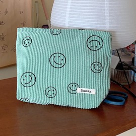 Cosmetic Bags for Women - Corduroy Cosmetic Bag Aesthetic Women Handbags Purses Smile Dots Makeup Organizer Storage Makeup Bag Girls Case Bags (A-Green)