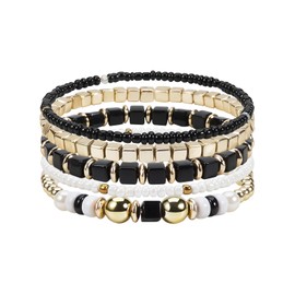 Jocbean Stackable Beaded Bracelets Set Black Gold Pearl Beads Jewelry Bohemian Accessories