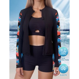 Ausing Women Rash Guard Set Long Sleeve Swimsuits with Built-in Bra Bathing Suit Surfing Sun Protection Swimwear for Women XL Black