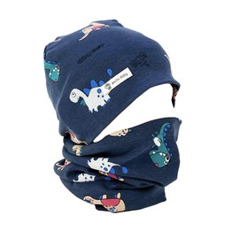 Uniyoung Baby Boys Cotton Beanie Hat and Collar Scarf Set Kids Toddler Warm Skull Cap Scarves Neck Warmer for Spring Autumn Winter (Navy Dinosaurs, 6-24 Months)