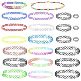 GoldRock Set of 23 Choker Necklaces, Tattoo Necklace, 90s Set, Tattoo Necklace Girls Women, 90s Accessories, 17 x Gothic Choker, 3 x Bracelets, 3 x Rings Black, Neon Choker Chain, Tattoo Choker
