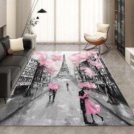 kxry 2 * 3 Feet Pink Paris Eiffel Tower Soft Area Rugs for Kids Girls Women French Style Couple Lover Flower Floor Carpet for Living Room Bedroom Dorms Nursery Rooms Home Decor Aesthetic