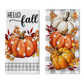 Croar Hello Fall Pumpkin Kitchen Dish Towels Set of 2, Autumn Harvest Leaves Drying Hand Towel Baking Cooking Cloth, Grey Plaid Polka Dots Farmhouse Bathroom Home Decoration 18 x 26 Inches