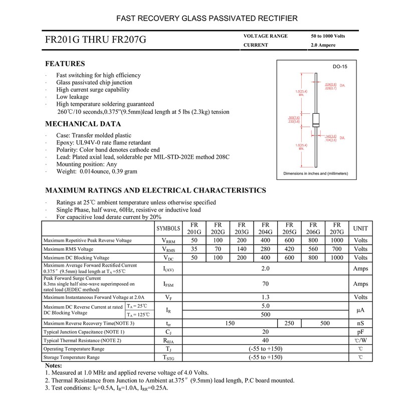 HUABAN 50PCS FR207 Ultra Fast Recovery Rectifier Diode 2A 1000V