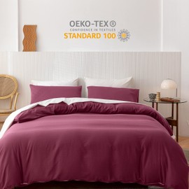 HEIMENAOGO 600 Tc Egyptian Cotton Duvet Cover Queen Size Ultra Soft and Breathable Bedding Set with Zipper Closure Long Staple Washed Cotton Duvet Cover Linen Like Texture Burgundy (Heather Rose) 3Pcs