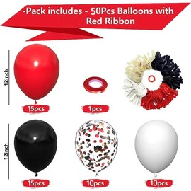 Pfylinqo 12 Inches Black Red Confetti Balloons Kit, 50Pcs Red Black and White Party Balloons with Ribbons for Birthday Party, Graduation, Baby Shower, Wedding, Holiday Decoration and Anniversary