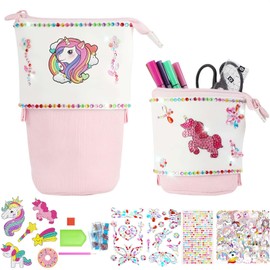 MHwan Pencil Case, 4-Piece Set Extendable Vertical 2-in-1 Pencil Case and Pen Bag for DIY, Unicorn, A First Day at School Girl, pink, Fashion