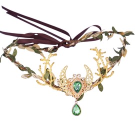 MOSTORY Handmade Emerald Crystal Elven Circlet Golden Fairy Moon Crown Headpiece Woodland Branch Headband for Women Girls Wedding Party Festival Costume Hair Accessory Gold Green