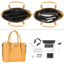 MOSISO PU Leather Laptop Tote Bag for Women (17-17.3 inch), Waterproof Large Capacity Business Work Briefcase Shoulder Laptop Bag, Mustard Yellow