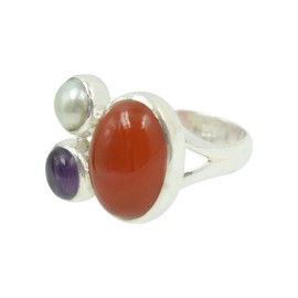 Natural Carnelian,Pearl,Amethyst Gemstone 925 Sterling Silver Bezel Setting Statement Ring SZ-S 1/2 FSJ-4045A
