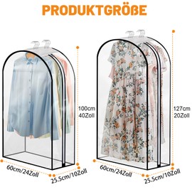 Dntorx Pack of 4 Garment Bags, 127 x 60 cm + 100 x 60 cm Garment Bags with 25.5 cm Side Pleats, Fully Transparent Protective Cover with Side Zip, Garment Cover for Suit, Shirt, Dresses, Coat