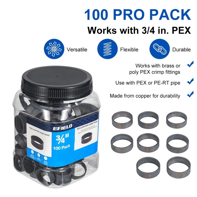100-Pack in Bottle EFIELD 3/4" Pex Copper Crimp Rings For