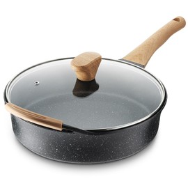 AnimoZest Deep Nonstick Frying Pan with Lid, 4.5 QT Swiss Granite Coating Sauté Pan, 12 Inch Healthy Non Stick Skillet Cooking Pan and Helper Handle with Silicone Cover, PFOA Free, Induction Ready.