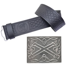 Kilt Belt & Buckle Set – Highland Saltier Pewter Buckle with Lion Rampant Embossed Leather kilt Belt, Elegant Traditional Scottish Attire, Kilts for Men (Antique - Silver, S - 26" - 30")