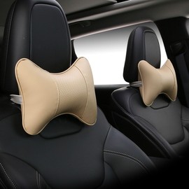 YUEMING 2 Pieces Car Neck Pillows Headrest, PU Leather Car Seat Head Cushion with Removable Cover, Safety Ergonomic Neck Headrest Pillow for Driving Traveling (Beige)