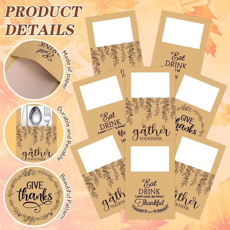 Whaline 100Pcs Thanksgiving Turkey Cutlery Paper Holders Rustic Kraft Utensil