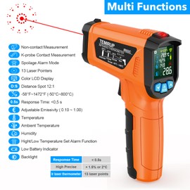 Infrared Thermometer Temperature Gun, TEMIRUP Non Contact Digital Laser Thermometer Temp Gun with Color LCD for for Industrial, Cooking, Griddle,Engine, HVAC, Adjustable Emissivity -58°F to 1472°F
