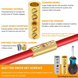 Pure Brass 6 Gauge Wire Butt Splices - 6 PCS Screw Type Connectors Kit with 6pcs 3:1 Heat Shrinks