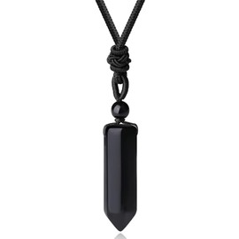 Obsidian Healing Stone Point Pendant Chain with Adjustable Braided Rope Hexagonal Crystal Tourmaline Pendant Chain for Women Men Reiki Polished Talisman Lucky Chain Father's Day Gift