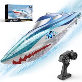DEERC RC Boat with LED Light, Remote Controlled Shark Boat for Pools and Lakes, 20+ km/h RC Boat, 2.4 GHz Racing Boats, Pool Toy for Children from 8 Years