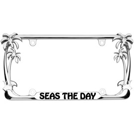 Seas The Day Palm Tree Design Chrome/Black Metal Auto License Plate Frame Car Tag Holder (Chrome/Black)