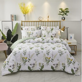 FADFAY Daisy Floral Comforter Set, King Size Cotton Fabric Lightweight Summer Quilt Printed Bedding Microfiber Filled Soft Daisy Botanical Green Leaves Down Reversible Bedding 3 Pcs