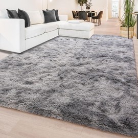 Beglad Fluffy Large Area Rugs 6x9 Feet, Modern Minimalist Style Shag Fuzzy Rugs, Non-Slip Indoor Carpet Soft Rugs for Kids Room, Bedroom & Living Room, Tie-Dyed Light Grey