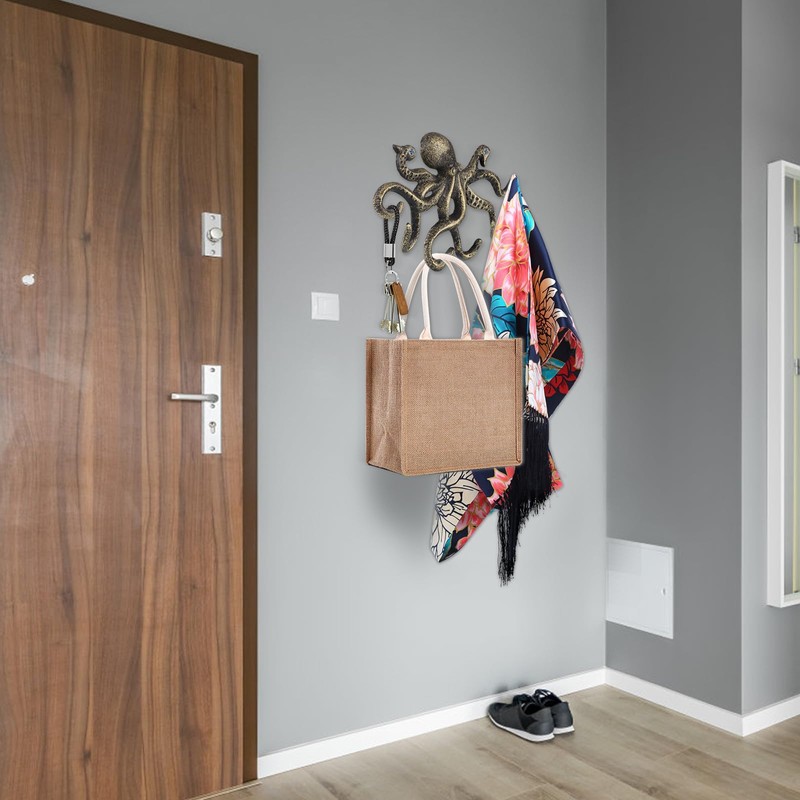 BIMUYI Cast Iron Octopus Hook, Decorative Key Holder, Antique Coat