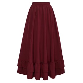 Renaissance Skirt Women Ren Faire Medieval A Line Ruffle Wine Maxi Skirts Wine L