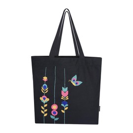 SKAPADORO Canvas Big Zip Handbag Tote,100% Cotton, Inner pocket, Embroidered Comfortable Bag for Women, Travel College Beach Shopping, Easy to Wash Trendy Everyday Shoulder Bag - Floral (Black),