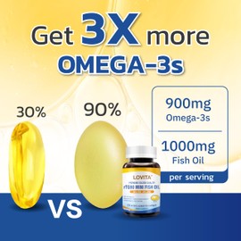 Lovita Fish Oil, 2000mg Daily, High Absorption rTG Form, 90% Omega-3, Burpless, Easy to Swallow, Support Healthy Heart, Brain and Eyes, 120 Enteric-Coated Softgels (Pack of 3)