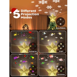 Lanstics Christmas Tree Toppers, Gold Star Tree Topper Projector Lights Plug in Christmas Tree Ornament Hollowed 3D Glitter Projection Built-in Led Lights for Xmas Holiday Indoor Tree Decoration