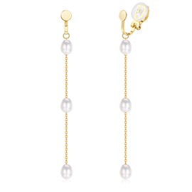 JeryWe 14K Gold Plated Pearl Earrings Clips for Women Girls Long Dangle Pearl Drop Earrings Non Piercing Pearl Ear Clip Jewelry, White Gold
