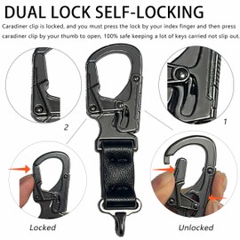 JLDAdornGo Keychain Carabiner Clip Key Chain Ring Heavy Duty Dual Lock Badge Holder Self-Locking Zinc Alloy Keyring PU Leather Accessories for Keys Tags Men Women Gym Office Travel