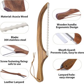 bow bread knife both edge blades, 16" Wooden Handle bread cutter with Leather Hanging Strap Serrated bread Saw knife for homemade bread sourdough, Left and Right Handed bread bowl knife with Linen Bag