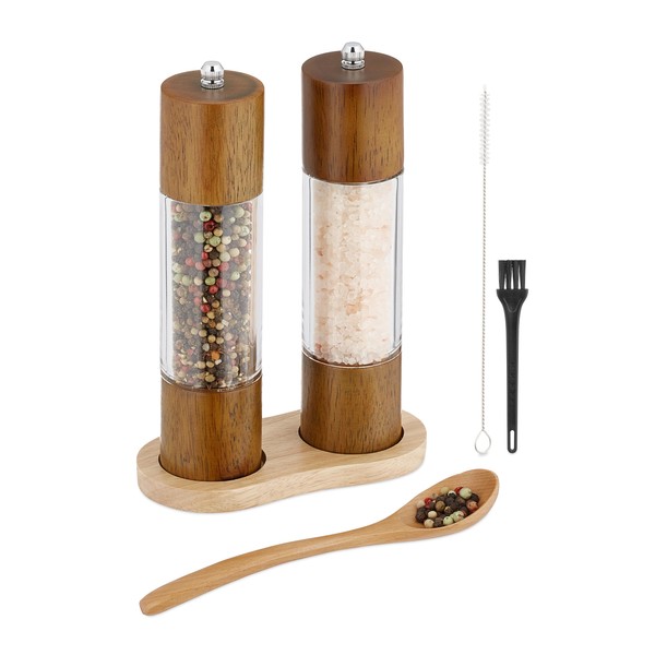 Relaxdays Salt and Pepper Mill Set of 2 Coasters, Ceramic Grinder, Wood & Acrylic, Manual Mills, Brown/Transparent