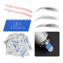 100pcs U18 Agujas Navajas Microblading Pin Gato+ 2 Depilador Color Azul