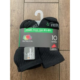 Fruit of the Loom Youth Dual Defense 10 Pairs of Socks ANKLES - BLACK Sz Small