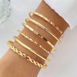 17VKL Gold Bangle Bracelets for Women, 14k Gold Plated Multi Layer Cuff Bangles Set, Stackable Boho Non Tarnish Elegance Smooth Bangle Jewelry Gifts for Her (6PCS Rhombus Smooth)