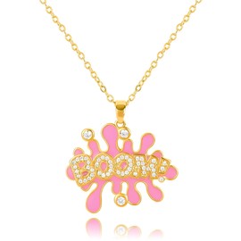 Fun BOOM Pendant Necklace for Women Pink Enamel Art Paint Graffiti 14K Gold Plated Cubic Zirconia BOOM Words Pendant Necklace Cute Charm Necklace Adjustable Chain Summer Party Jewelry Gift for Women