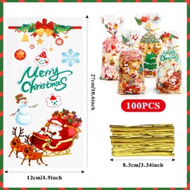 Yicelerate Christmas Cellophane Treat Bags, 100 PCS Christmas Gift Bags, Clear Plastic Cello Xmas Tree Candy Cookie Snacks Bakery Goodie Bags With 100 PCS Ties for Xmas Holiday Party Favors Supplies