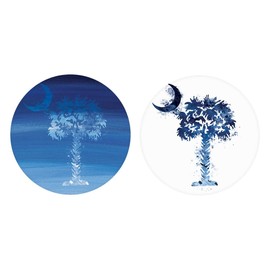 South Carolina Water Color Palm Trees Blue, Joyride Home Decor, 2 Ceramic Car Coasters, 2.65-inch Circle Coasters, Set of 2, Vehicle Accessory, Keeps Car Cup Holder Clean, Express Your Style.