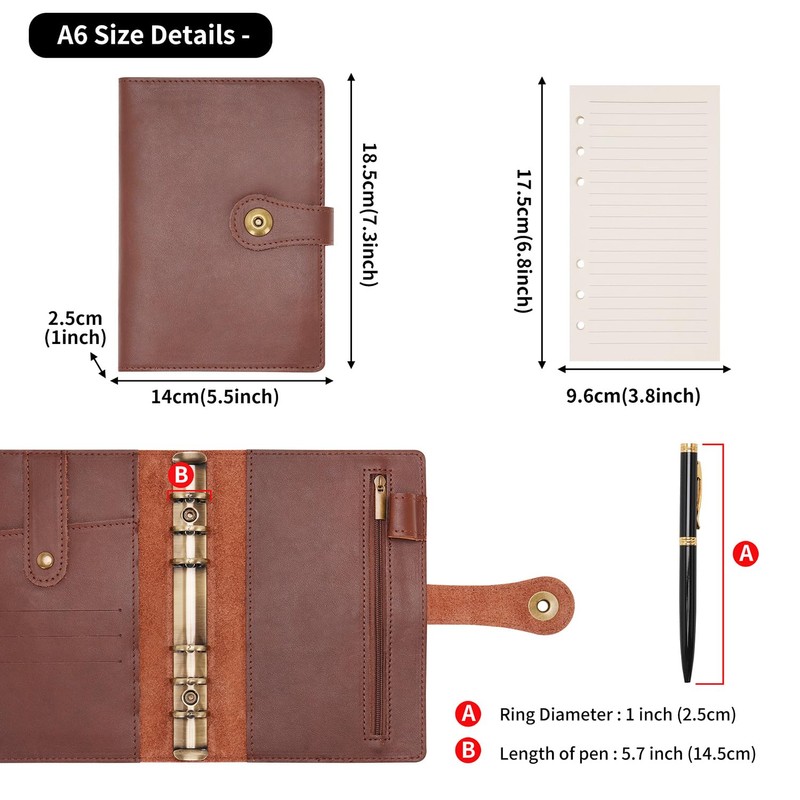 Wonderpool Ring Binder Notebook A6 Refillable Leather Diary Organiser Binder
