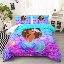 AILONEN Cute Mermaid Comforter Set for Kids Girls Queen Size, Little Black Girl Mermaid Bedding Set,Ocean Theme Bed in a Bag,Purple Blue Fish Scale Duvet Set,1 Quilt 2 Pillowcases,3 PCS