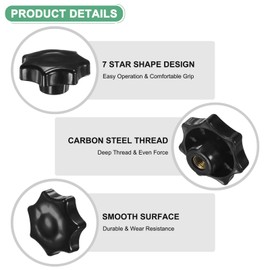 M METERXITY 6-Pack 7 Star Knobs, M10 Female Thread 60mm Seven-Pointed Head Blind Hole Clamping Grip Handles for Machinery/Electronic/Woodworking, Carbon Steel Screw-On Threaded Knob [Black]