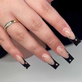 Foccna Black Press on Nails Artificail Extra Long,Square Fake Nails Black with French Acrylic Full Cover Long Fake Nails with Design Nail Tips for Women&Girls-24PCS