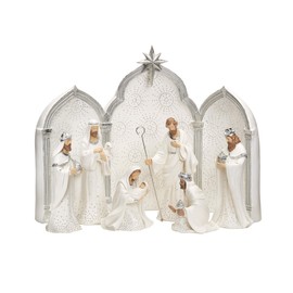 Roman - Christmas Collection, 11.25" 9Pc Set Nativity, Silver, White, with Triptych Backdrop, Festive, Decorative, High Attention to Detail, Beautiful Decoration
